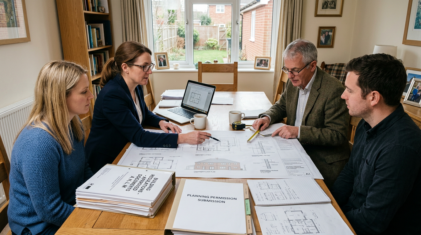 Architect and surveyor reviewing home extension plans in Hertfordshire semi-detached house